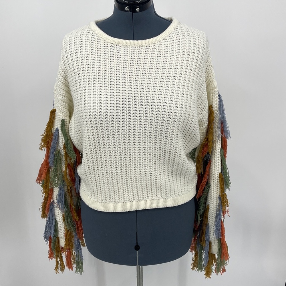 BLUE B COLLECTION WOMENS SIZE L Fringe Sleeve Cream SHORT PULLOVER Sweater